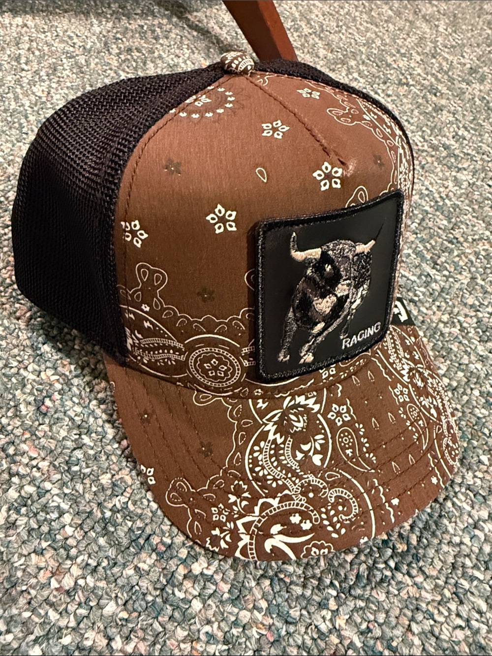 Brown Bandana Print Trucker Hat with Bull Patch